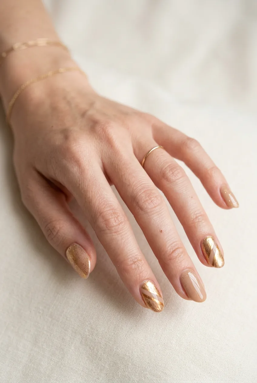 Woman's hand showing burnished gold accent nails paired with warm beige base color