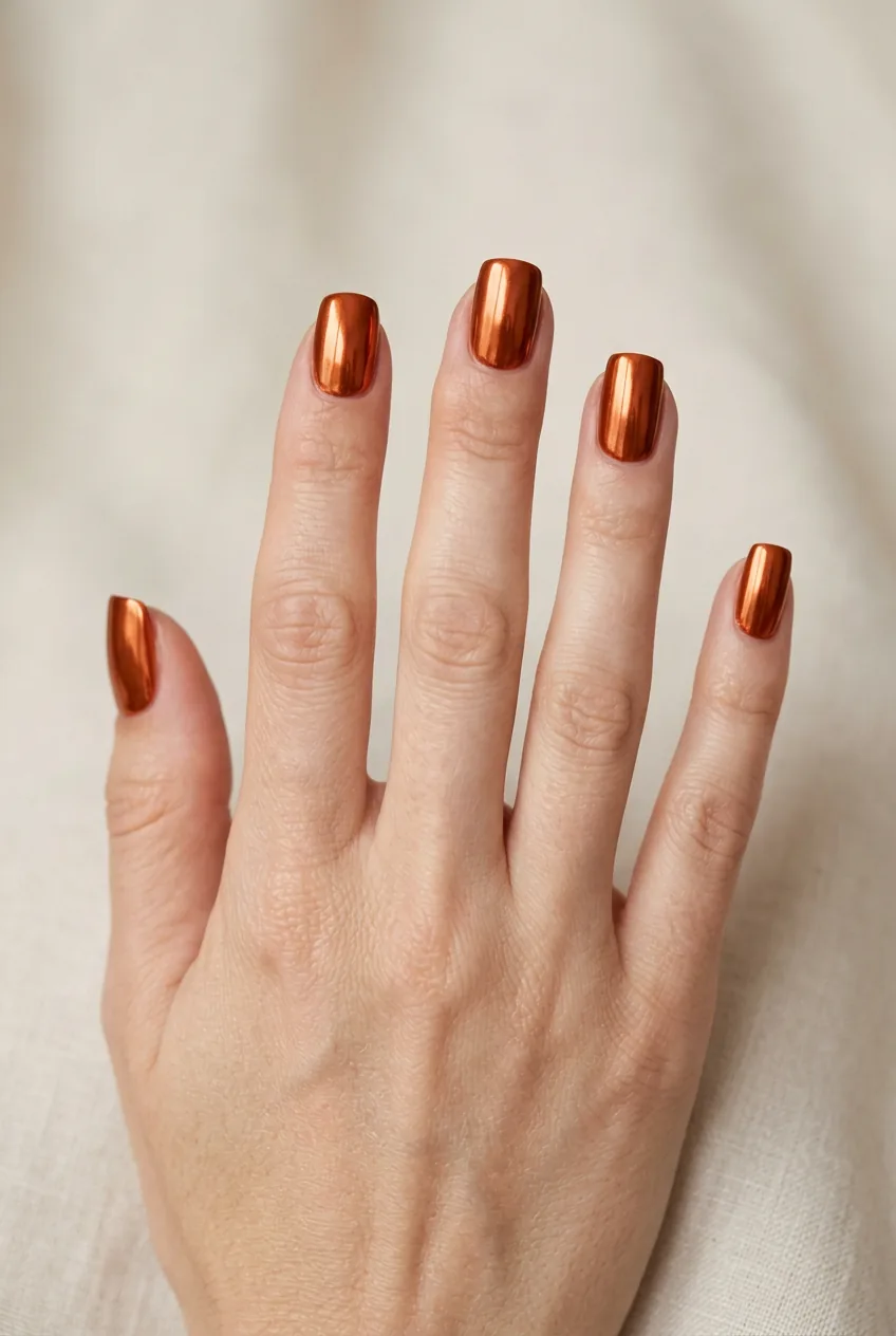 Woman's hand displaying burnt orange chrome manicure with mirror finish reflecting light beautifully