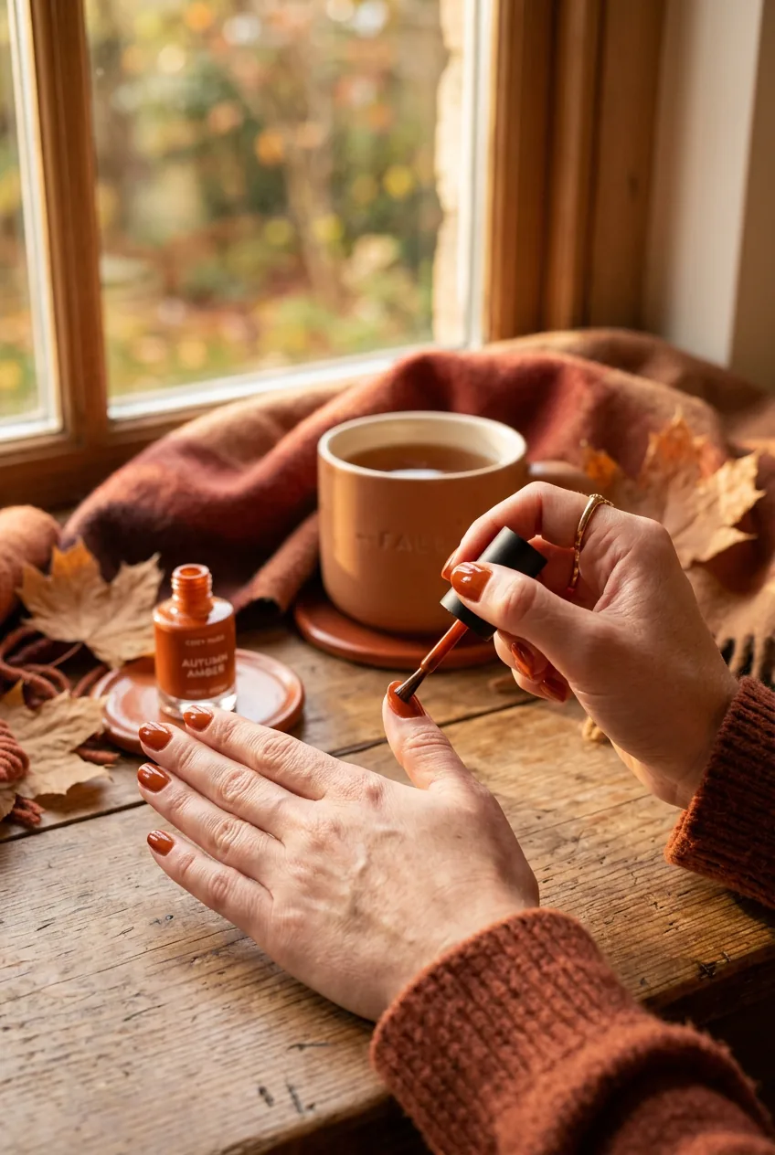 Close-up of brush applying burnt orange nail polish in warm golden sunlight