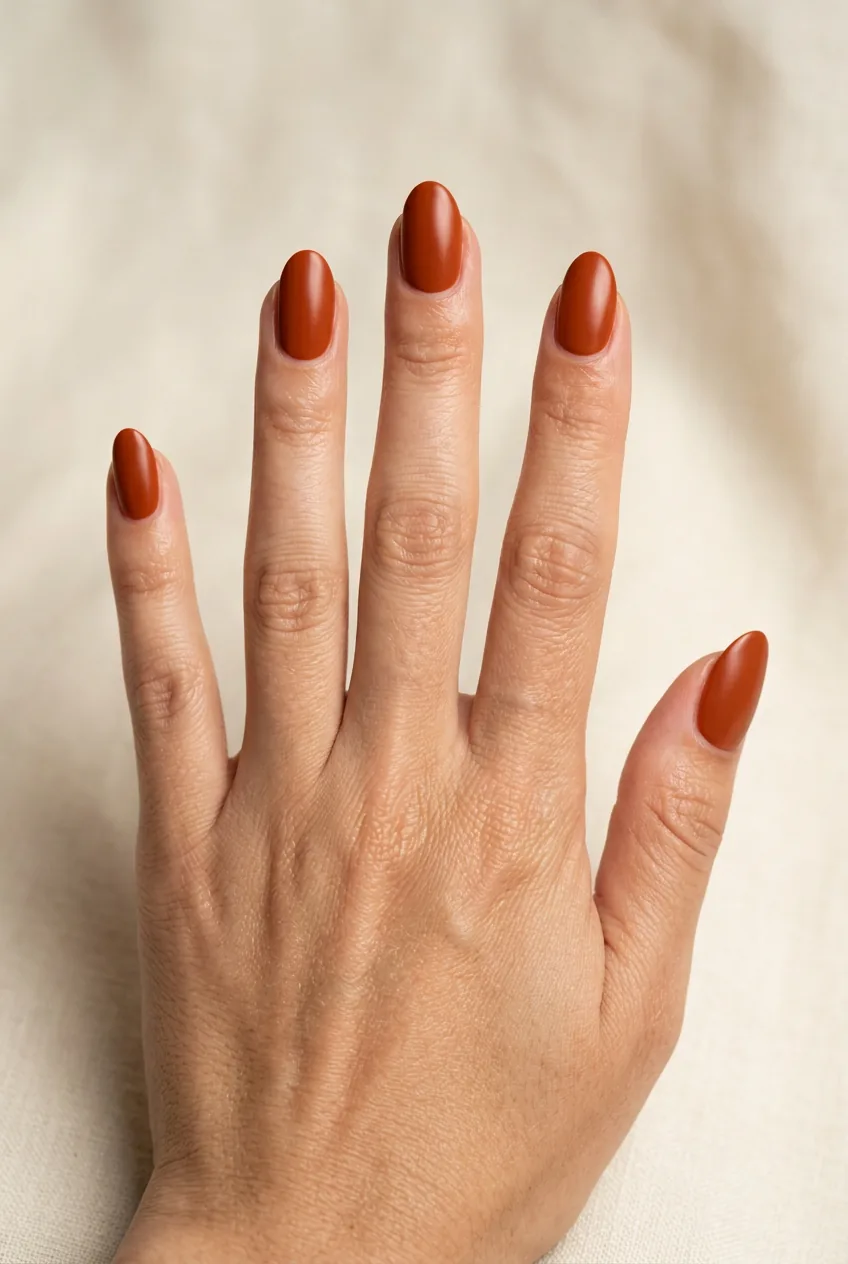 Oval-shaped nails painted in rich burnt orange cream finish against neutral background