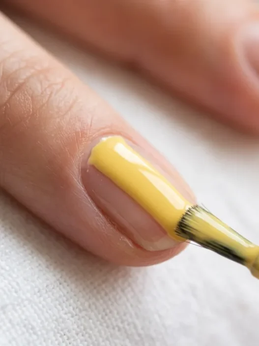 Polish brush applying butter yellow nail lacquer in single stroke down nail center with glossy ribbon of color