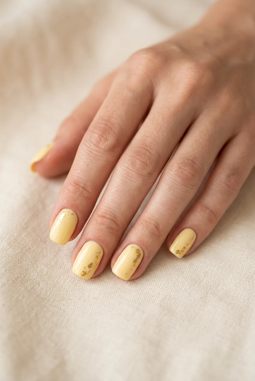 Woman's hand showing creamy butter yellow nails with delicate gold leaf accents