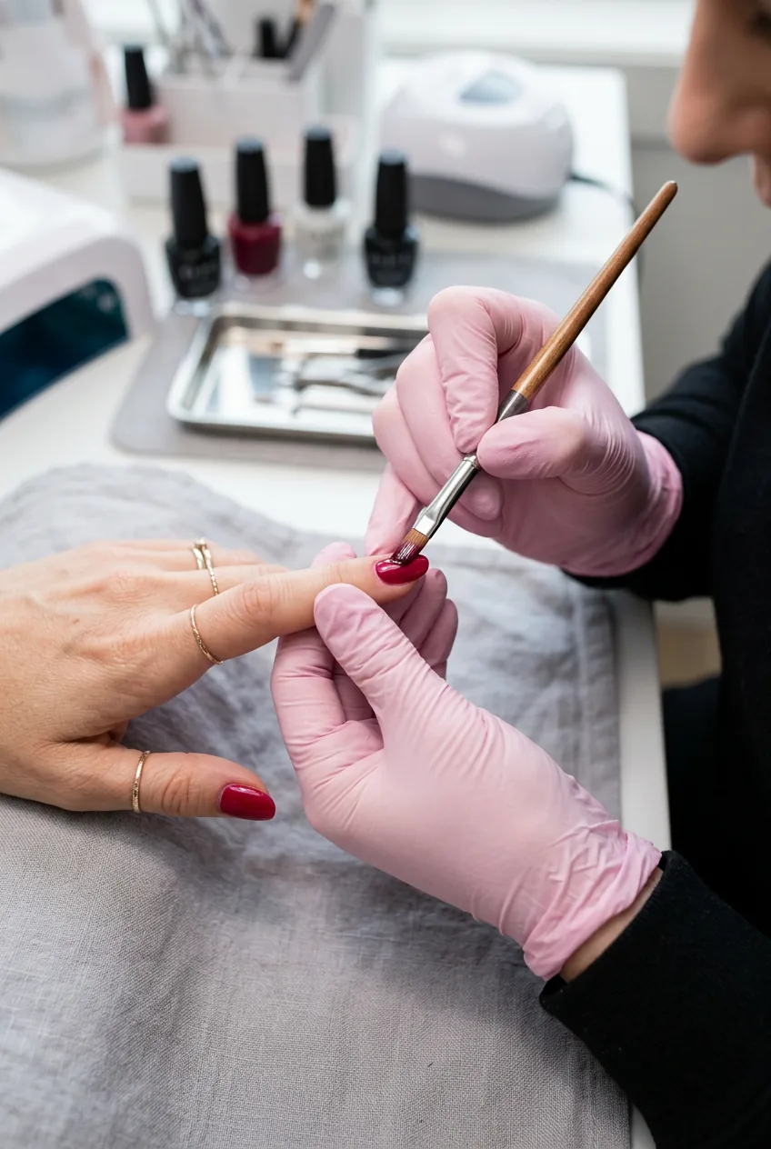 Brush sealing free edge of nail with color using professional capping technique