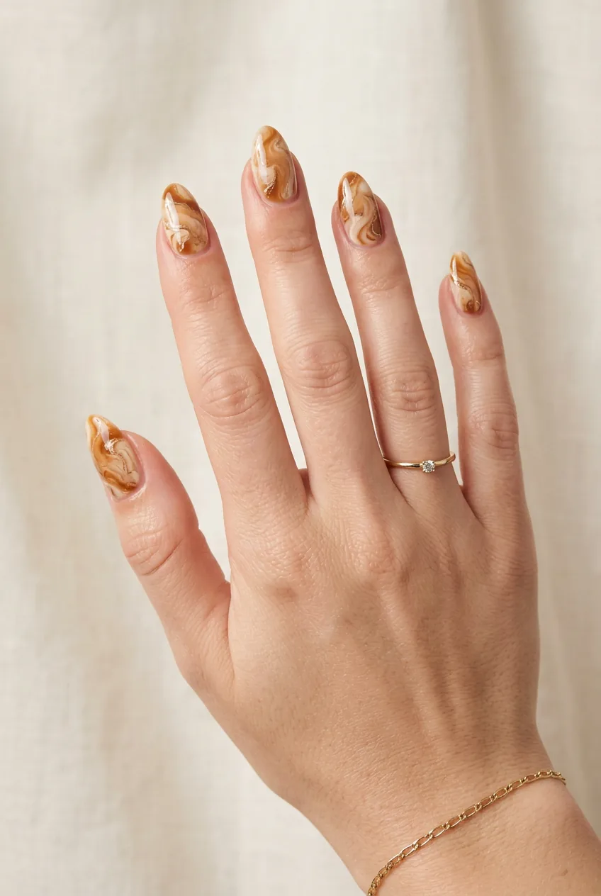 Woman's hand showing caramel marble swirl manicure with cream and gold veining patterns