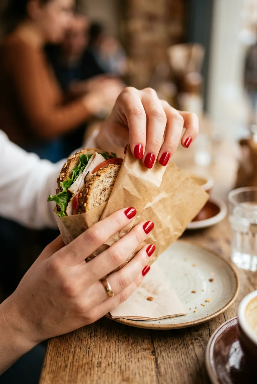 Woman's hands carefully unwrapping sandwich showing glossy red manicured nails in café setting