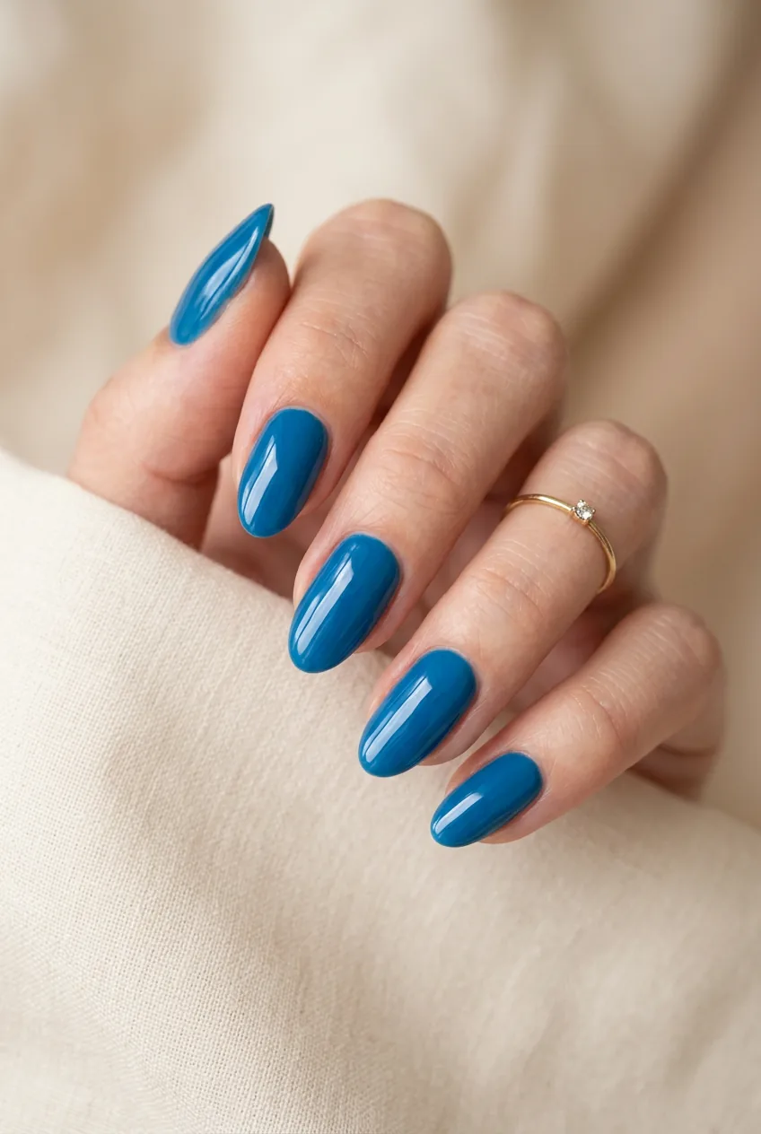 Woman's hand showing cerulean blue nail polish with glass effect finish and depth