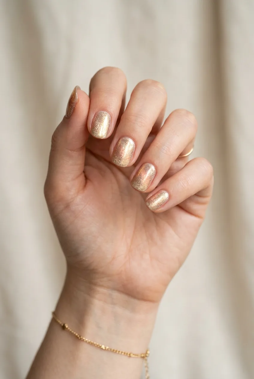 Woman's hand with champagne shimmer nails showing liquid gold effect and micro-glitter