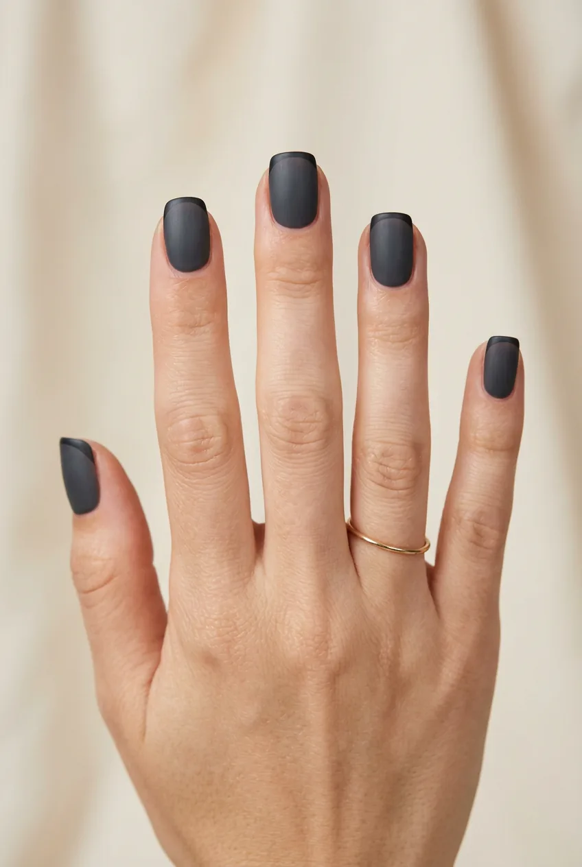 Square nails with clear base and thin matte charcoal lines at the tips