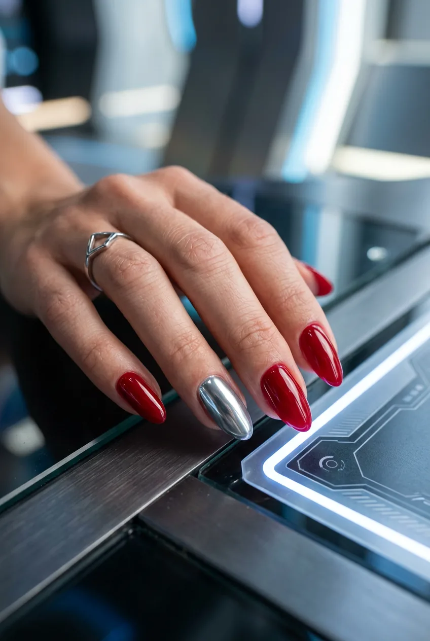 Cherry red nails with chrome mirror accent nail in modern directional lighting