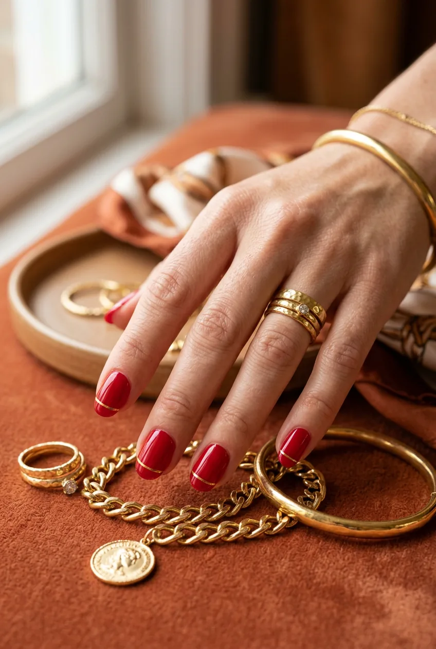 Cherry red nails with thin gold accent lines positioned near golden jewelry pieces