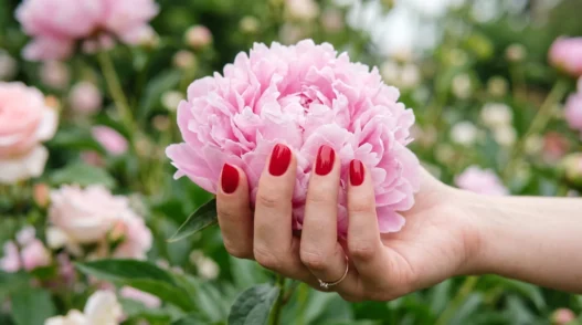 Manicured hand with soft cherry nail polish cradling a single peony bloom in natural daylight