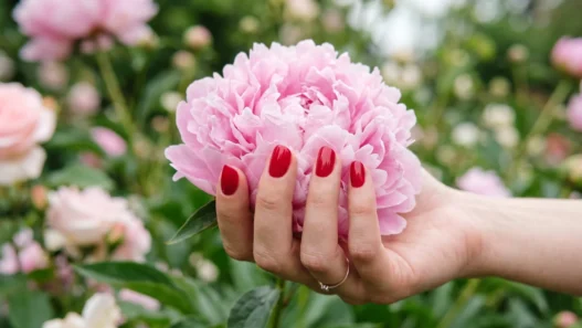 Manicured hand with soft cherry nail polish cradling a single peony bloom in natural daylight