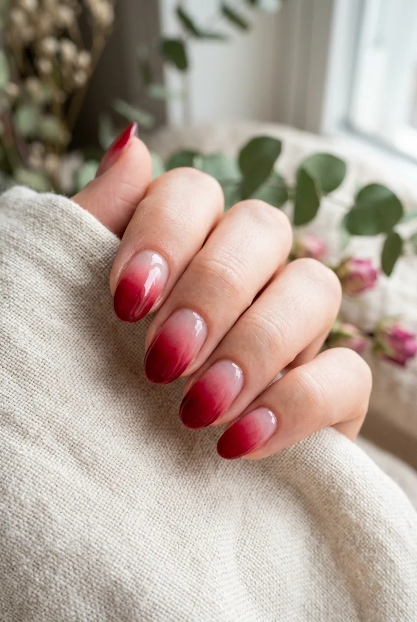 Cherry ombre nails showing gradient from clear base to deep red tips