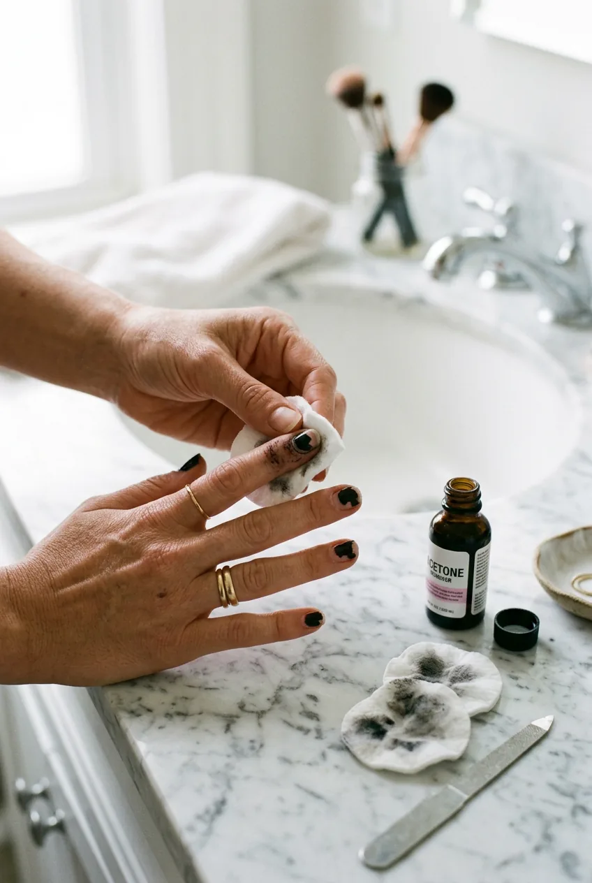 Hands with chipped black nail polish being removed with cotton pad and acetone on marble counter