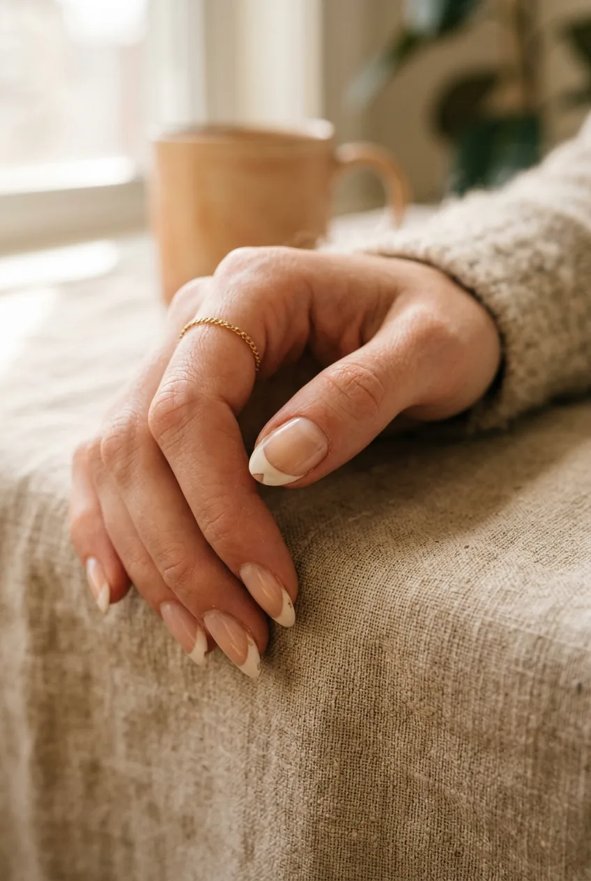 Close-up of woman's almond nail showing small chip on French tip manicure