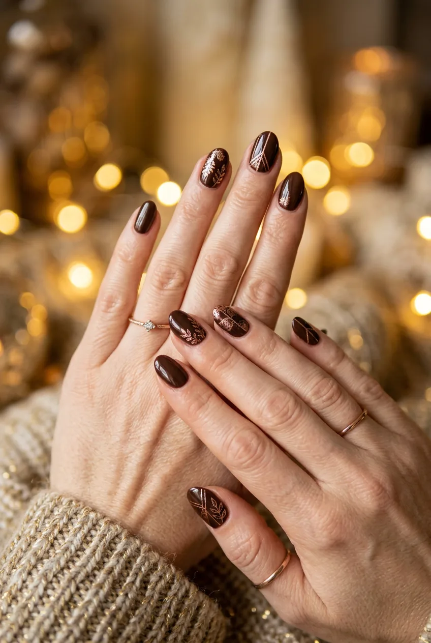 Detailed view of hands with chocolate brown nails and rose gold metallic accents against bokeh background