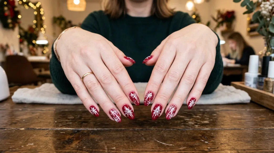 Woman's hands displaying completed Christmas nail manicure with red base and white snowflake details