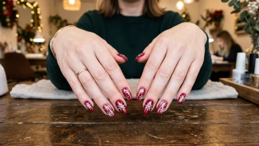 Woman's hands displaying completed Christmas nail manicure with red base and white snowflake details