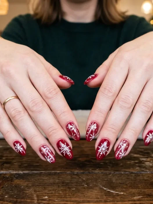 Woman's hands displaying completed Christmas nail manicure with red base and white snowflake details
