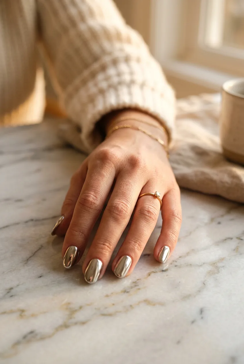 Woman's hand with chrome liquid metal nail finish reflecting light on marble surface