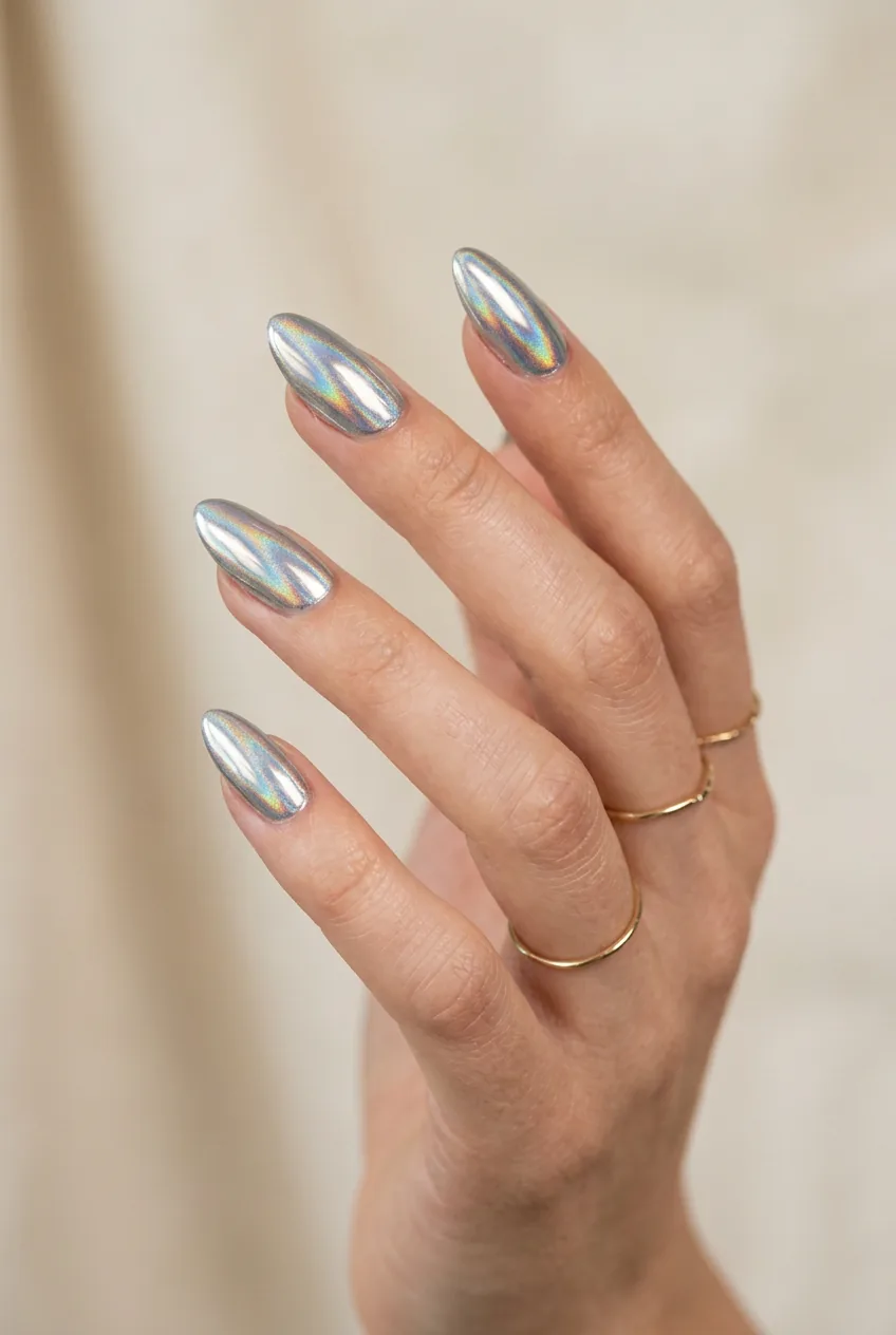 Woman's hand displaying high-shine silver chrome almond nails reflecting studio lights