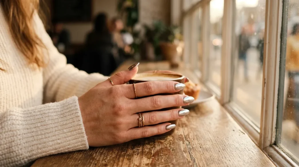 Woman's hand with metallic chrome finish nails reflecting golden light through coffee shop window