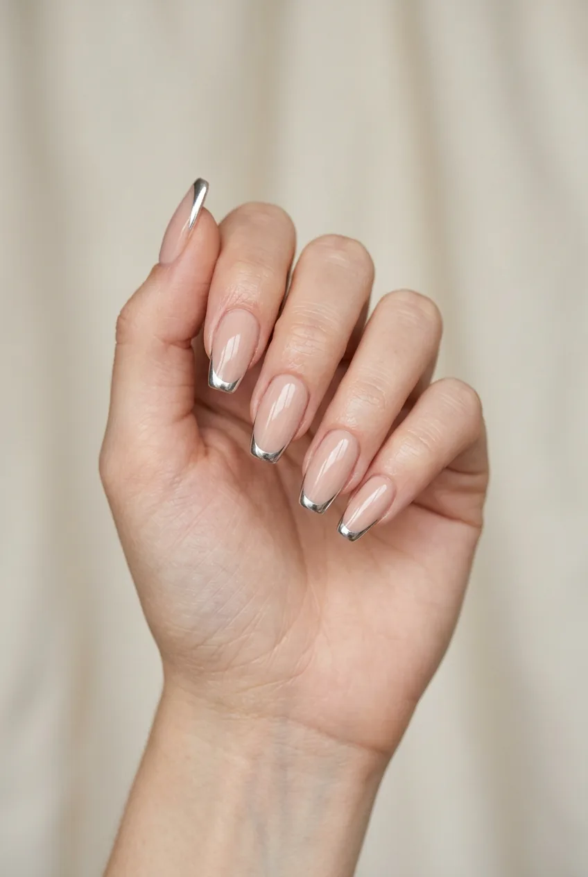 Coffin-shaped nails featuring thin chrome tips that reflect light like liquid mercury