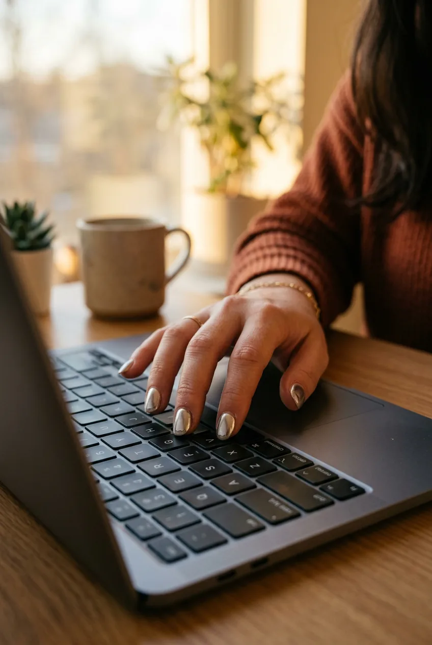 Woman's hand with chrome nails showing realistic two-week wear while typing on laptop