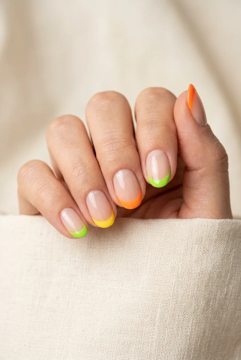 Close up of woman's hand displaying citrus French tip manicure with orange yellow and lime green tips on short nails