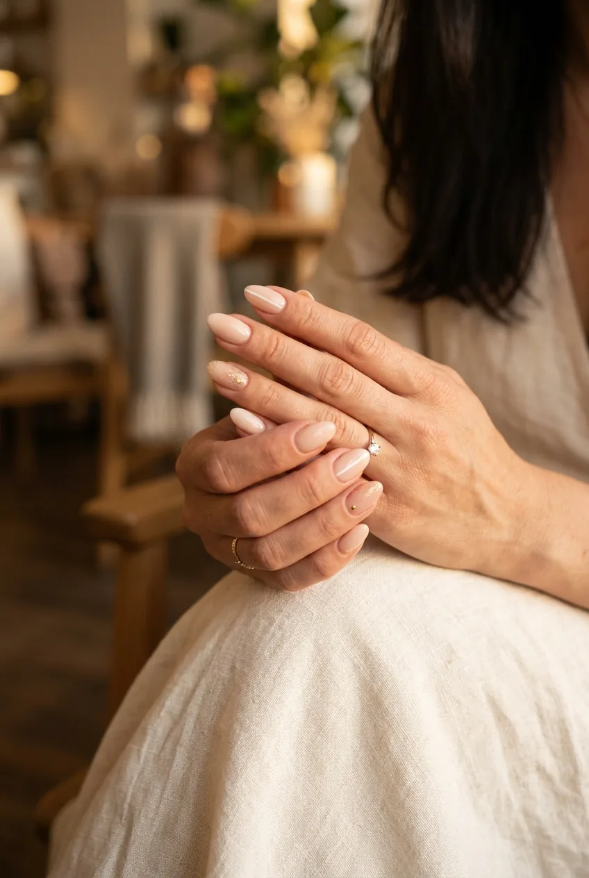 Woman's hands clasped together showing sophisticated nail inspo manicure with subtle asymmetry