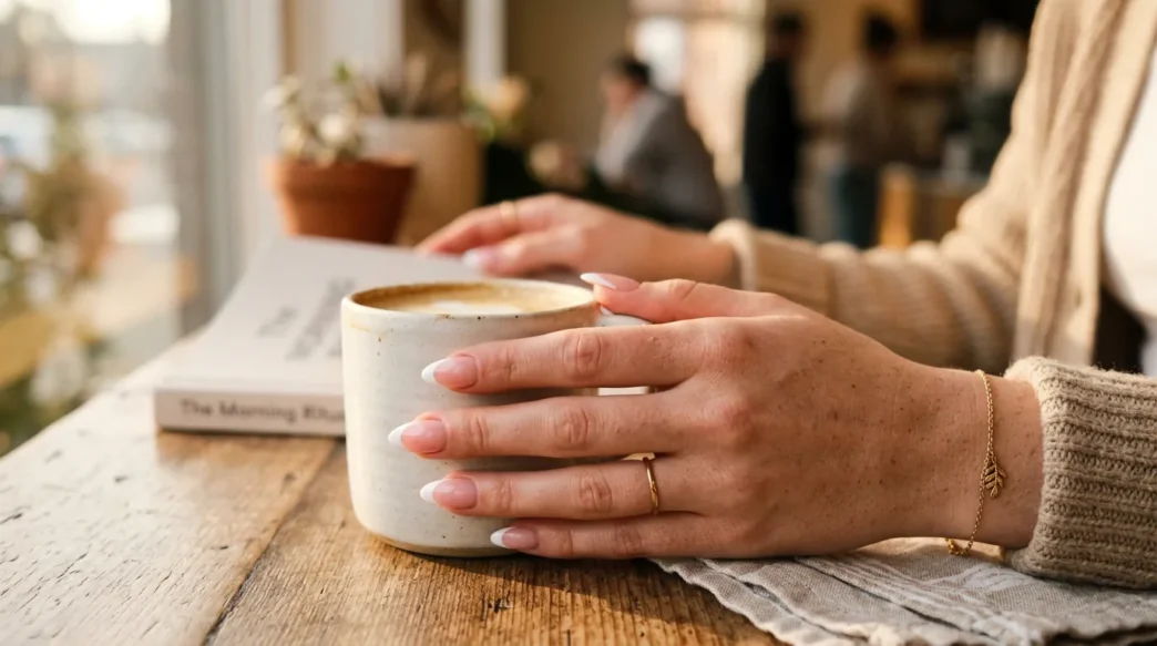 Woman's hand showing fresh classic almond nails with French tips in soft morning light