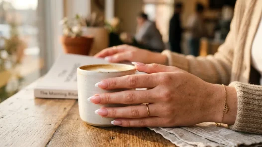 Woman's hand showing fresh classic almond nails with French tips in soft morning light