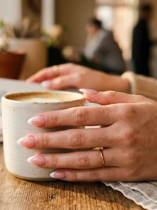 Woman's hand showing fresh classic almond nails with French tips in soft morning light