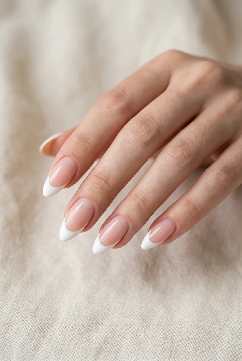 Woman's hand showing classic French tip almond nails with crisp white tips and pink base