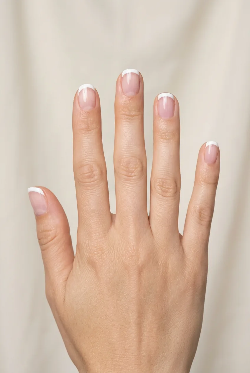Close-up of woman's hand displaying classic French manicure with crisp white tips on short nails