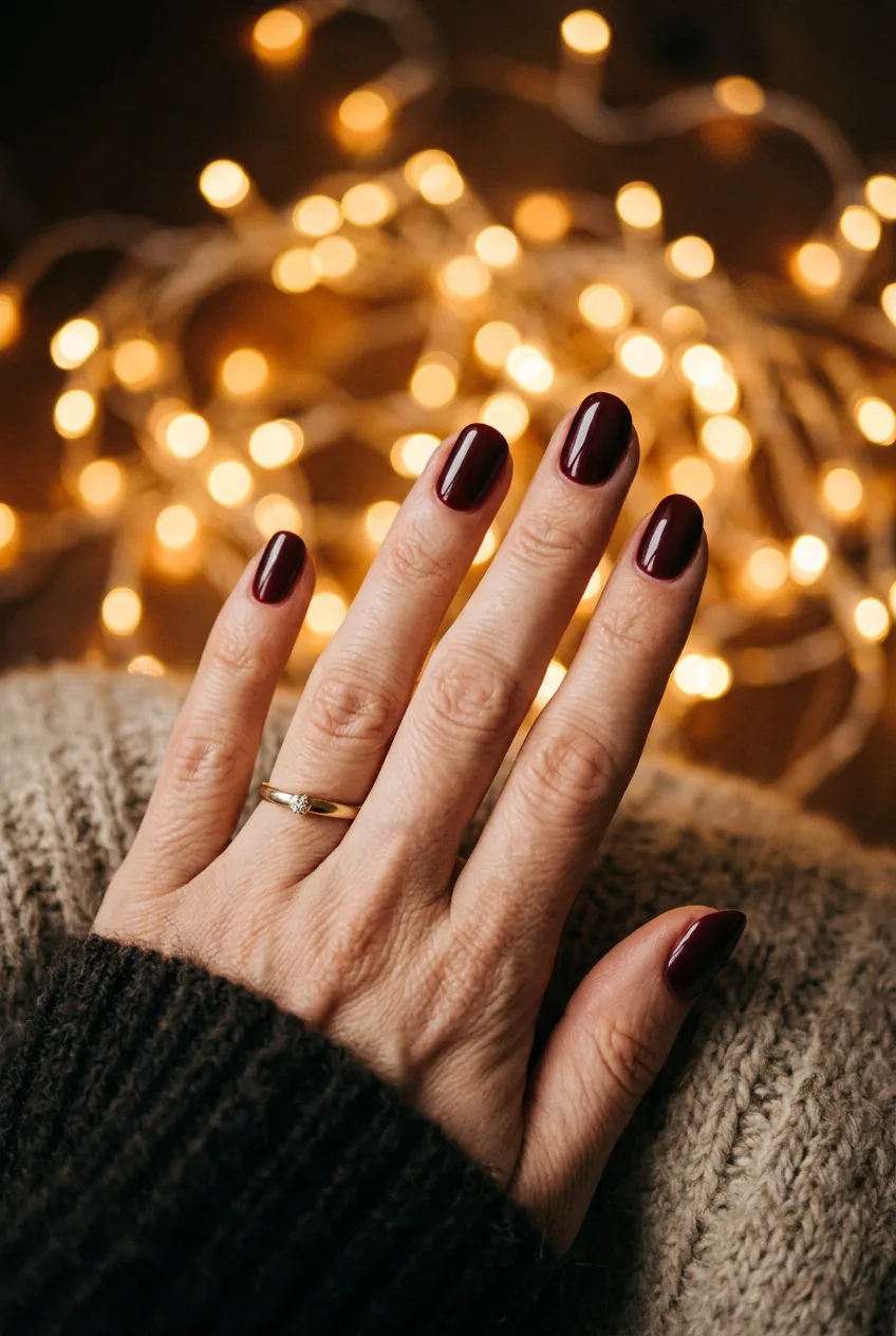 Classic 1990s rounded burgundy winter nails photographed against soft golden light background
