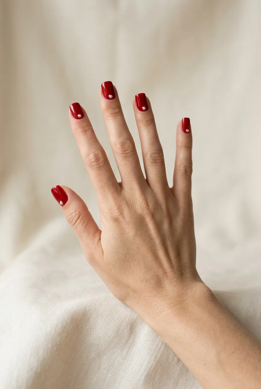 Classic red square manicure with small pearl dots placed randomly across nails