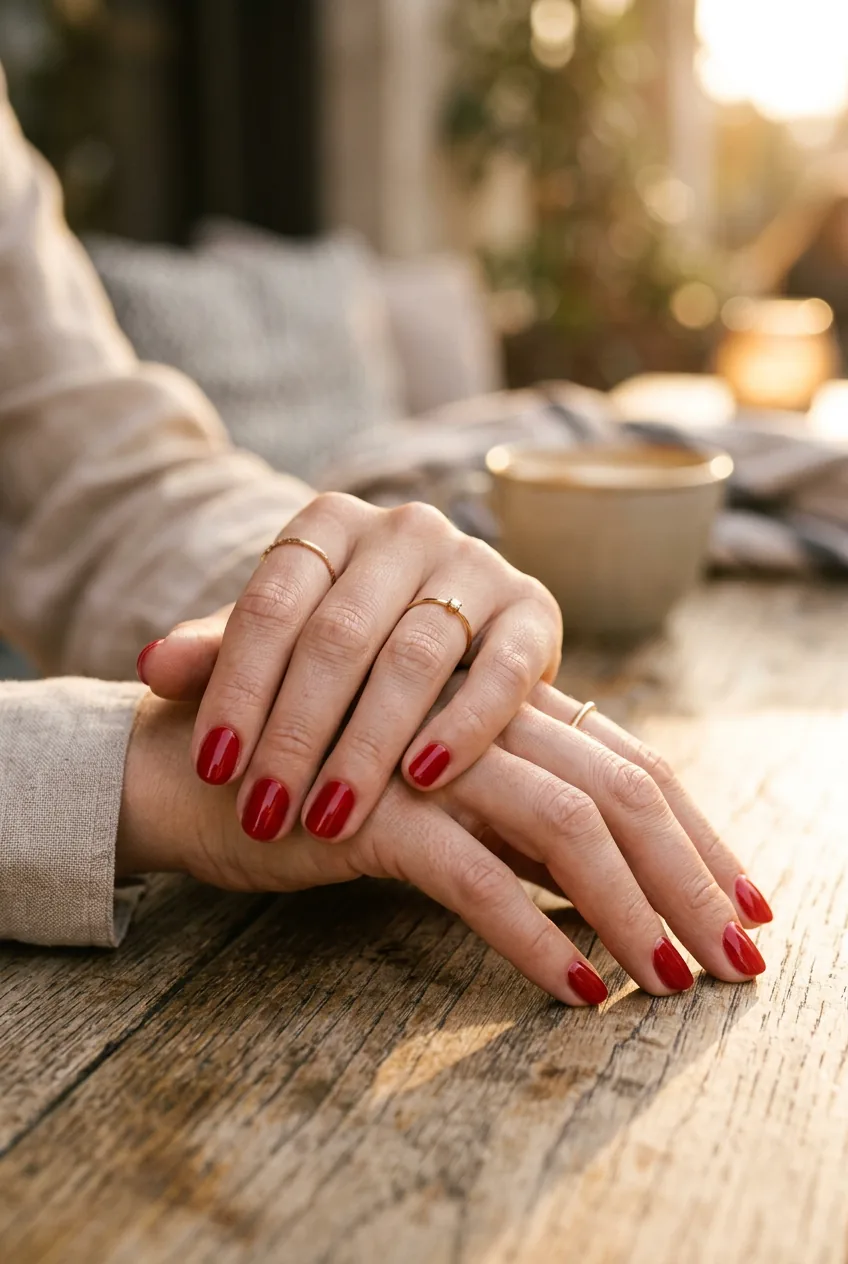 Woman's hands with perfectly shaped short nails in classic red polish positioned naturally