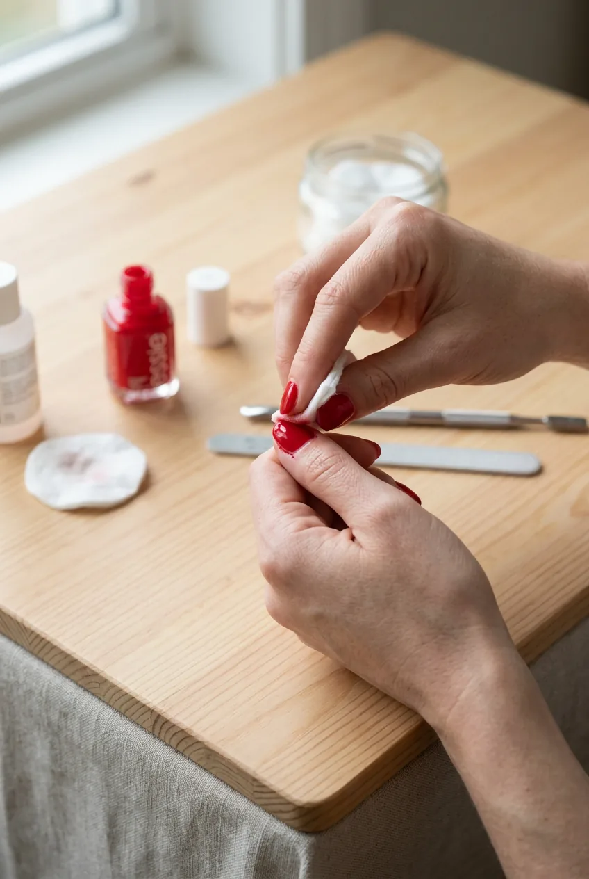 Woman cleaning up nail polish edges with cotton pad for precise finish