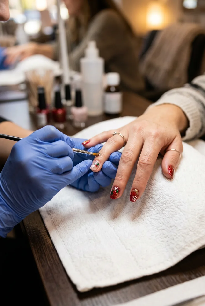 Precision cleanup around cuticles using small brush during final manicure stage