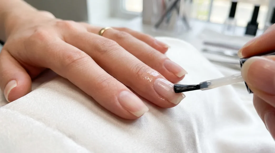 Clear base coat being applied to clean natural nail with brush showing glossy finish