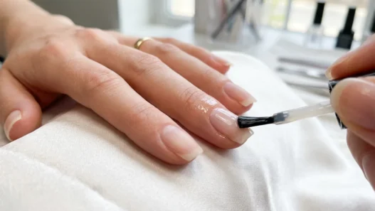 Clear base coat being applied to clean natural nail with brush showing glossy finish