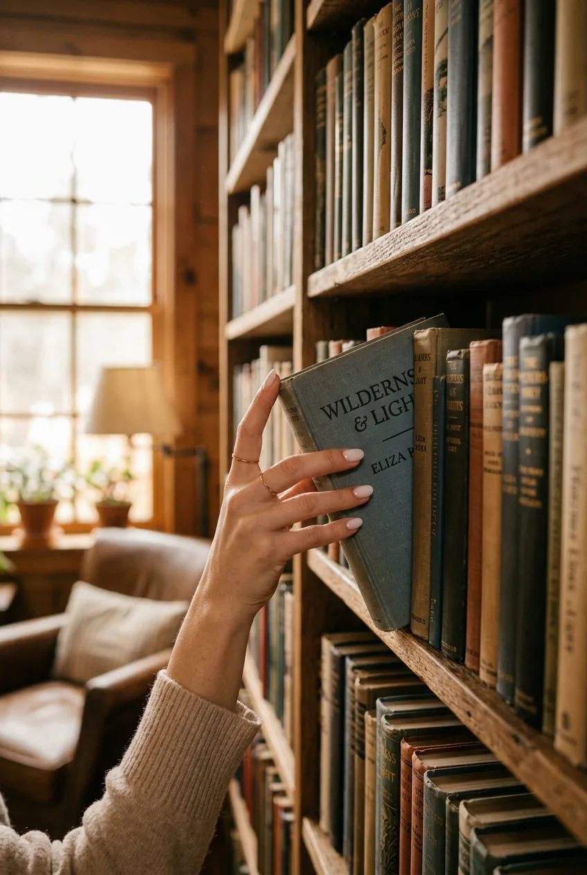 Woman's hand reaching for book displaying sheer white manicure with pink undertones