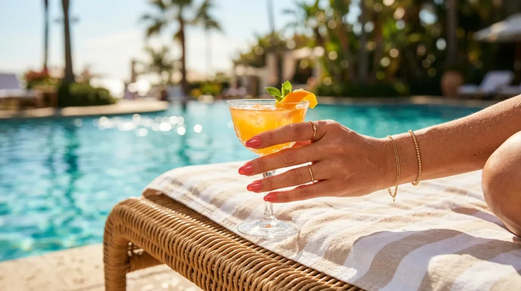 Manicured hand with nude holographic nail polish holding cocktail glass by sparkling pool water