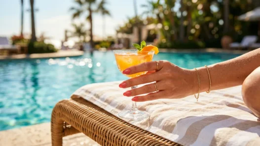 Manicured hand with nude holographic nail polish holding cocktail glass by sparkling pool water
