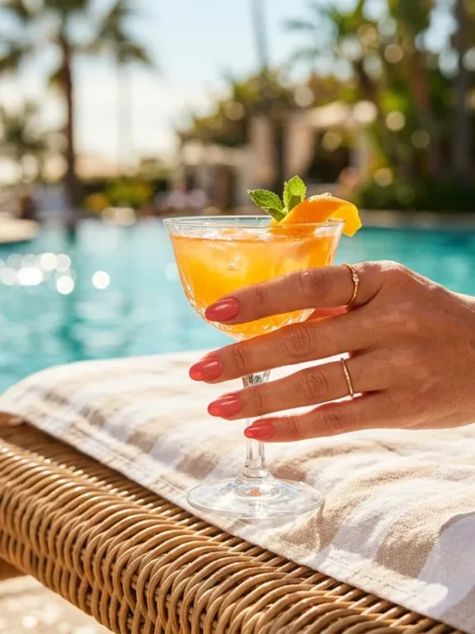 Manicured hand with nude holographic nail polish holding cocktail glass by sparkling pool water