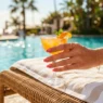 Manicured hand with nude holographic nail polish holding cocktail glass by sparkling pool water