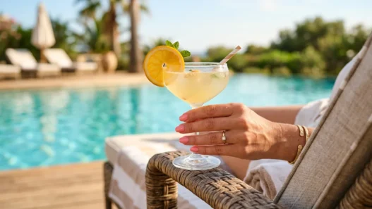 Manicured hand holding cocktail glass with citrus garnish on sunlit pool deck with turquoise water background