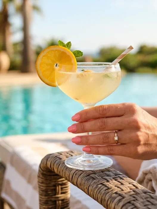 Manicured hand holding cocktail glass with citrus garnish on sunlit pool deck with turquoise water background