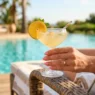 Manicured hand holding cocktail glass with citrus garnish on sunlit pool deck with turquoise water background